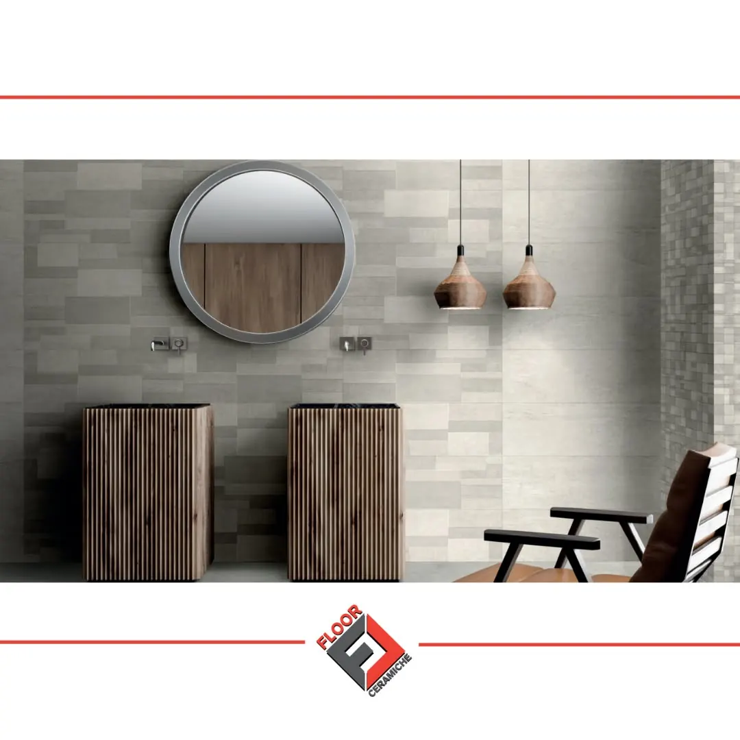 Bagno in gres grigio e legno